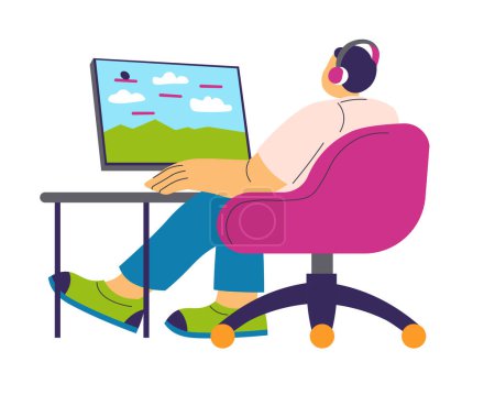 Illustration for Male character playing online game in headphones at computer. Enjoyment and fulfillment in gaming. Immersive and enjoyable experiences. Gamer having fun and escaping from reality. Vector in flat style - Royalty Free Image