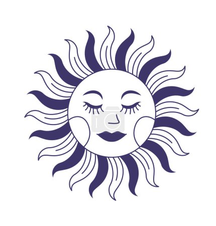 Mystic sun with sunbeams and peaceful facial expression. Isolated celestial luminary with rays. Cosmic source of tranquility and wisdom. Sense of extraterrestrial harmony. Vector in flat style