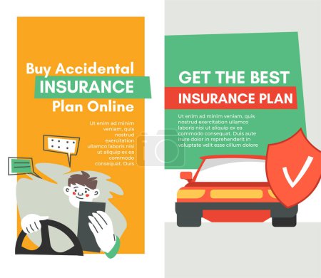 Illustration for Comprehensive car insurance protection from damage, theft to coverage of repairs in case of accidents, damage. Promo banner or advertisement with information for drivers. Vector in flat style - Royalty Free Image