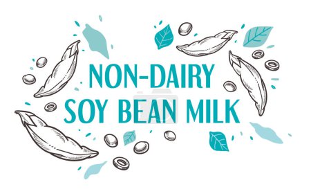 Illustration for Delicious food and healthy ingredients, non dairy soy bean milk products for dieting and nourishment balance. Eating tasty production. Label or logotypes, emblems for packages. Vector in flat style - Royalty Free Image