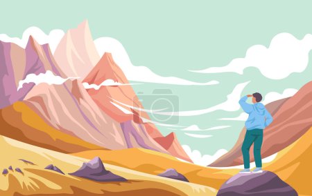 Illustration for High elevation and summits with fluffy clouds. Mountaineering or climbing hobby. Young man standing on rock and watching nature and wilderness landscape and natural design. Vector in flat style - Royalty Free Image