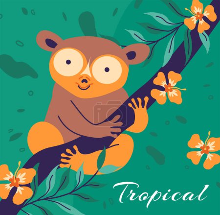 Diminutive and captivating primate of tropical forests. Tarsier sitting on branch of blooming tree. Nocturnal arboreal creature of Asia with slender fingers and big eyes. Vector in flat style