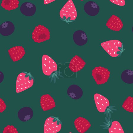 Seamless vector pattern of mixed berries on a dark green background