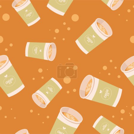 Large disposable coffee cup take away. Seamless pattern background. Vector illustration in flat style.