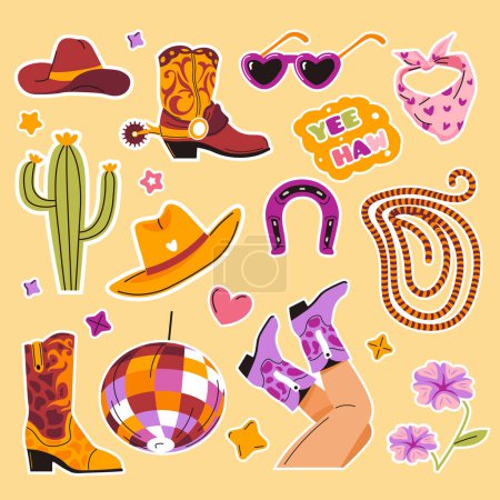 Illustration for A set of Wild West-themed stickers. Cowboy boots, cactus, horseshoe, and bandana with a cowboy hat and heart-shaped glasses. Modern vector illustration in flat and cartoon style. - Royalty Free Image