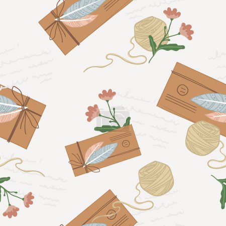 A seamless pattern with romantic envelopes, wax seals, and feather quills, crafted on a subtle beige canvas, vector illustrated for an epistolary theme
