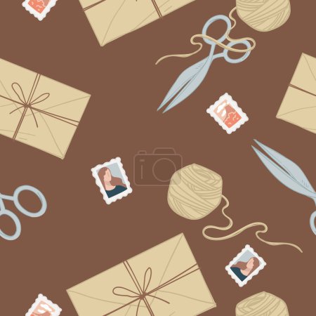 A nostalgic seamless pattern featuring vintage envelopes, quill pens, and stamps, elegantly distributed on a deep brown background, vector illustrated.