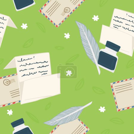 Illustration for A refreshing seamless pattern with letter envelopes, feather pens, and foliage on a vibrant green background, vector illustrated for a naturalistic stationery theme - Royalty Free Image