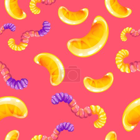 Illustration for A playful and vibrant seamless pattern with assorted candies and gummy worms on a bright pink background, vector illustration for delightful designs - Royalty Free Image