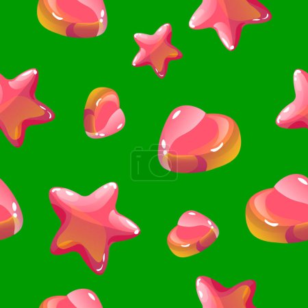 A seamless pattern full of star-shaped jelly candies in shades of pink and red, set against a refreshing green backdrop, vector illustration
