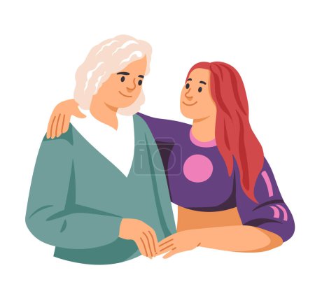 The daughter hugs her elderly mother, and they smile at each other. Vector illustration in flat style. Isolated on white background.