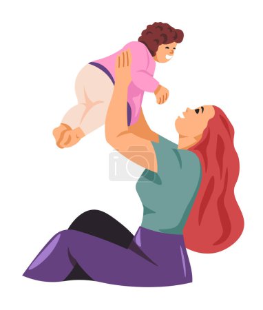 Illustration for The seated mother lifts her little daughter above her head and smiles. Vector illustration in flat style. Isolated on white background. - Royalty Free Image