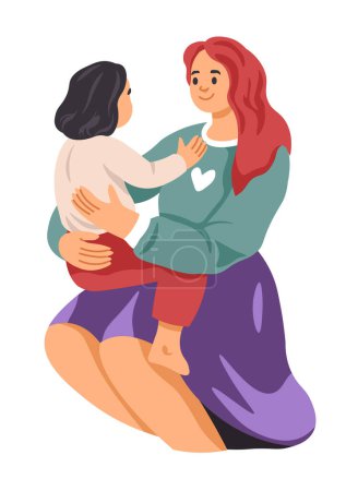 The mother sits, holding her daughter on her knees, they talk and smile. Vector illustration in flat style. Isolated on white background.