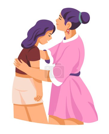 Madre abraza a su hija adolescente. Hablan y comparten secretos. Ilustración vectorial en estilo plano. Aislado sobre fondo blanco.