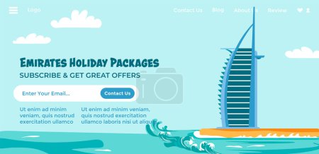 Book trip via internet site and enjoy your weekends. Emirates holiday packages, subscribe and get great offers. Agency help with accommodation and route. Website landing page. Vector in flat style