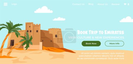 Tours and travel packages. Get more information and book trip to Arab Emirates, view new culture and experiences. Website landing page, internet site with offers for clients. Vector in flat style
