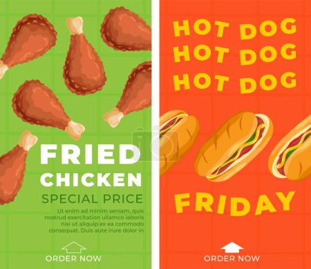 Crispy and flavorful fried chicken drumsticks and hot dog. Canteen or restaurant chains meal with special price. American food culture elements. Promotional banner or advertising. Vector in flat style