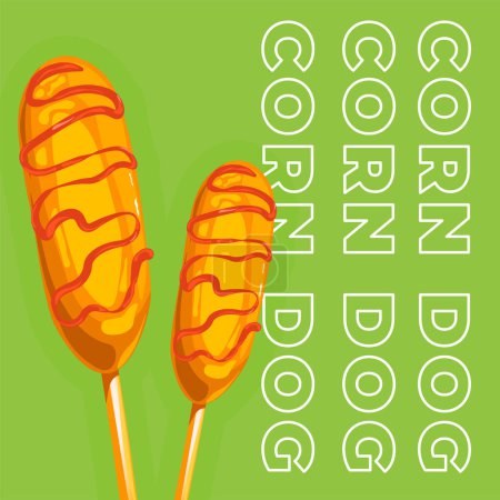 American snack covered in ketchup, corn dog. Sausage on stick, coated in layer of cornmeal batter and deep fried. Treat for fairs and carnivals. Promotional banner or advertising. Vector in flat style