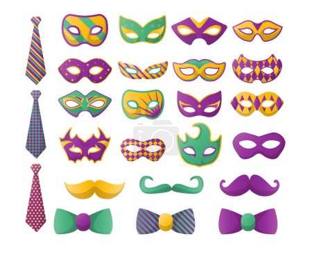 Collection ou ensemble de masques et cravates de carnaval, moustaches et arcs. Vêtements et accessoires pour hommes. Vêtements et décoration pour costume de gentleman pour des événements spéciaux et occasionnels. Vecteur en style plat
