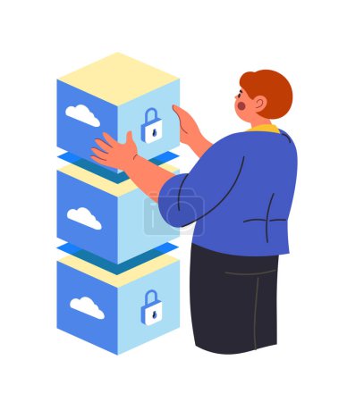 Illustration for Female character working with database storage boxes. Cloud computing service and digital information organization. Woman using service for saving and transferring files and data. Vector in flat style - Royalty Free Image