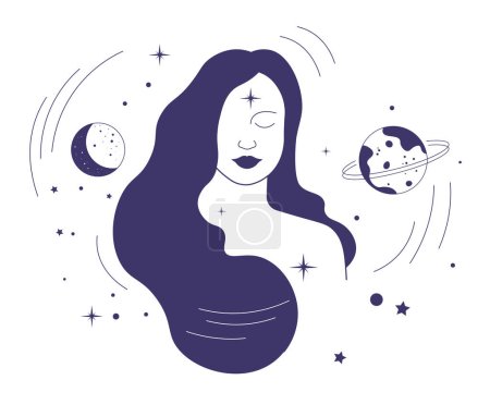 Mystic female with cosmic energies around. Isolated woman with long, flowing hair, stars and planets. Celestial forces, symbol of connection between earthly and spiritual. Vector in flat style