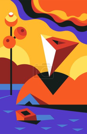 Fantastical dreamscape with luminous spheres lantern, levitating pyramid and swimming cube. Magical transformation and cosmic harmony. Boundless depths of the surreal realm. Vector in flat style