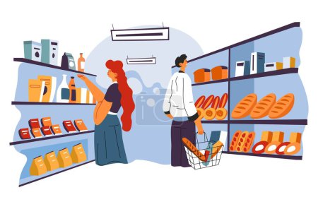 Man and woman choosing food in supermarket, male and female characters looking at freshly baked bread and buns. People shopping and buying organic products in hypermarket. Vector in flat style