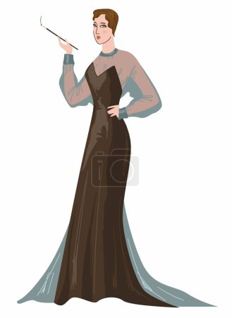 Personnage féminin portant une élégante robe en mesh noir et fumant à l'aide de pipe et cigarette. Tenue vintage et rétro de femme, personne avec des perspectives à la mode pour les années 1930. Vecteur star de cinéma en style plat