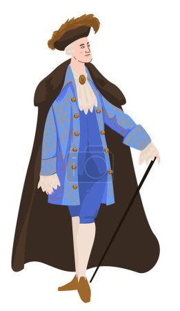 Male character wearing baroque or rococo clothes, holding walking stick. Man in cloak and costume, vintage headwear. Suit for theatre play, dramatic masquerade. French guy, vector in flat style