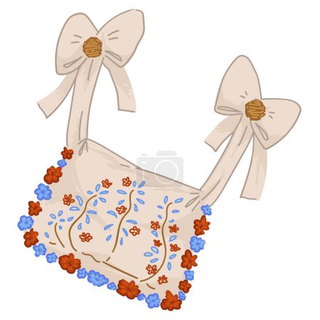 Illustration for Floral decorations and ornaments on bag, isolated vintage sack for women and girls. Fashionable feminine accessory for outfit, handbag with straps and florist composition. Vector in flat style - Royalty Free Image