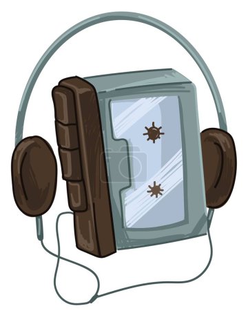 Illustration for Music player with buttons and headphones, retro old school cassette with recorded songs. Listening to audio from audiotape, 1980s gadgets and modern electronic technologies. Vector in flat style - Royalty Free Image
