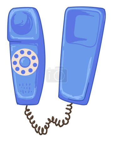 Téléphone vintage des années 70, téléphone isolé avec système rotatif pour composer. Vieille école et gadgets rétro, télécommunications et conversation. Fils et cordons de cellules modernisées. Vecteur en style plat