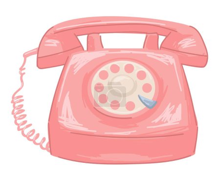 Vintage old school telephone, isolated phone with cords and wires. Communication and conversation in distance, 1960s design, 60s years pink device for calling and talking. Vector in flat style
