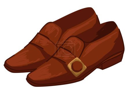 Illustration for Leather footwear with decorative clasp, men fashion and trendy clothes. Isolated pair for gentlemen, old fashioned clothing, vintage and retro classic wearing of 1970s or 60s. Vector in flat style - Royalty Free Image