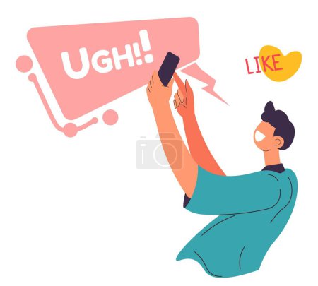 Ilustración de Male character chatting, communicating online and expressing emotions and ideas. Man likes content, sticker of ugh feeling. Social media and reaction on bad internet pages. Vector in flat style - Imagen libre de derechos