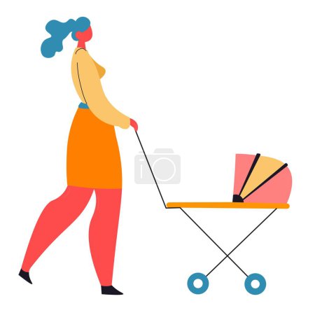 Mother walking with kid laying in buggy, isolated female character outdoors having walk with kiddo. Lady with perambulator, maternity and happy childhood. Care for children. Vector in flat style