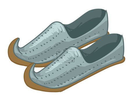 Ilustración de Calzado para hombres, par aislado de zapatos de cuero para caballeros en la India. Botas decorativas para clima caluroso, ropa étnica y accesorios para gente india. Diseño de zapatillas. Vector en estilo plano - Imagen libre de derechos