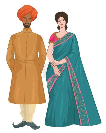 Hombre y mujer de la India vistiendo ropa tradicional, pareja aislada en la ceremonia de boda o días festivos. Personajes masculinos y femeninos, moda y ropa de los indios. Vector en estilo plano