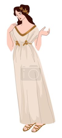 Weibliche Figur in griechischer Kleidung, isolierte Frau, die im antiken Griechenland lebt. Persönlichkeiten, die Kleidung und Mode aus alten Zeiten zeigen. Klassisches Outfit und historische Kleidung. Vektor im flachen Stil