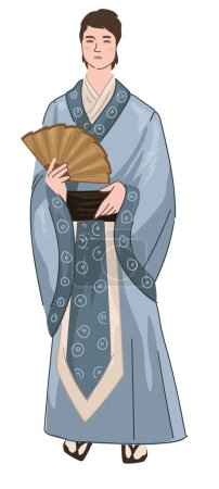 Male character wearing traditional kimono clothes and holding fan. Man presenting japanese clothes, national outfit for men. Apparel and fashion in Japan, asian culture and customs. Vector in flat