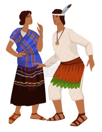 Man and woman wearing traditional clothes for maya, people presenting look and outfits of ancient civilization. Male in sandals with feather decor on head, lady in skirt. Vector in flat style