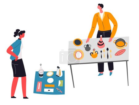 Male character selling kitchenware, dishes and plates on flea market. Shopping and buying vintage and retro objects on second hand marketplaces. People interested in old stuff. Vector in flat style