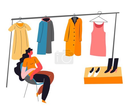 Second hand marketplace to sell clothes, isolated woman sitting by clothing on hangers. Garage sale or getting rid of vintage and retro outfits. Making money from old stuff. Vector in flat style