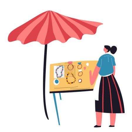 Female character selling handmade of bought jewelry, flea market or second hand trade. Garage sale and getting rid of old things. Marketplace with table and umbrella, bazaar. Vector in flat style