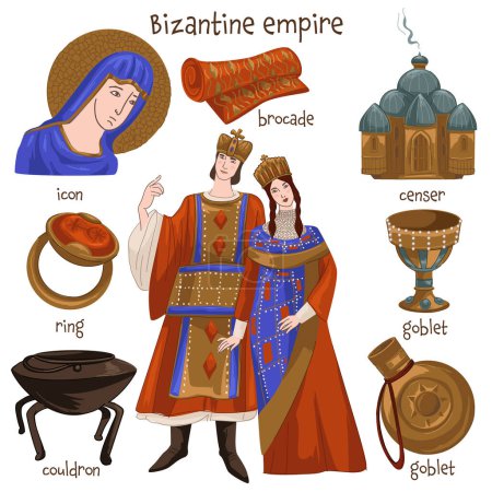 Christianity and people living in Byzantine empire, furniture and personal belongings. Ring and icon, goblet and cauldron, censer and brocade. Jewelry and clothes, kitchenware. Vector in flat style