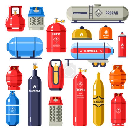 Cylinder and metal containers with gas and petroleum. Chemical substance used for charging vehicles, storage of fuel in portions for dometric and industrial purposes. Vector in flat style illustration