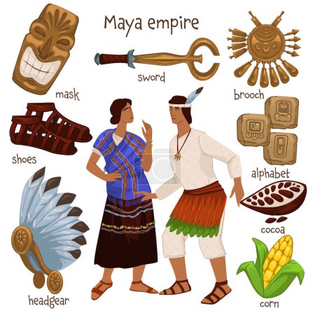 Illustration for People and objects from maya empire period. Man and woman wearing traditional clothes. Golden sword and alphabet, mask and shoes, corn and cocoa, headgear national hats. Vector in flat style - Royalty Free Image