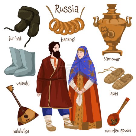 Culture and traditions of russia, male and female characters wearing clothes of old times. Samovar and baranki, fur hat and valenki, shoes and wooden spoon, balalaika instrument. Vector in flat style