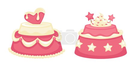 Illustration for Restaurant served tasty dessert with frosting and glazing. Isolated birthday or wedding cakes with icing, cream and heart and stars decorative candies or cookies on top. Vector in flat style - Royalty Free Image