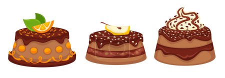 Delicious cakes or biscuits with chocolate glazing and fruit decor. Isolated meal with pear or apple, lemon or orange slice with mint. Tasty food from cafe or restaurant. Vector in flat style